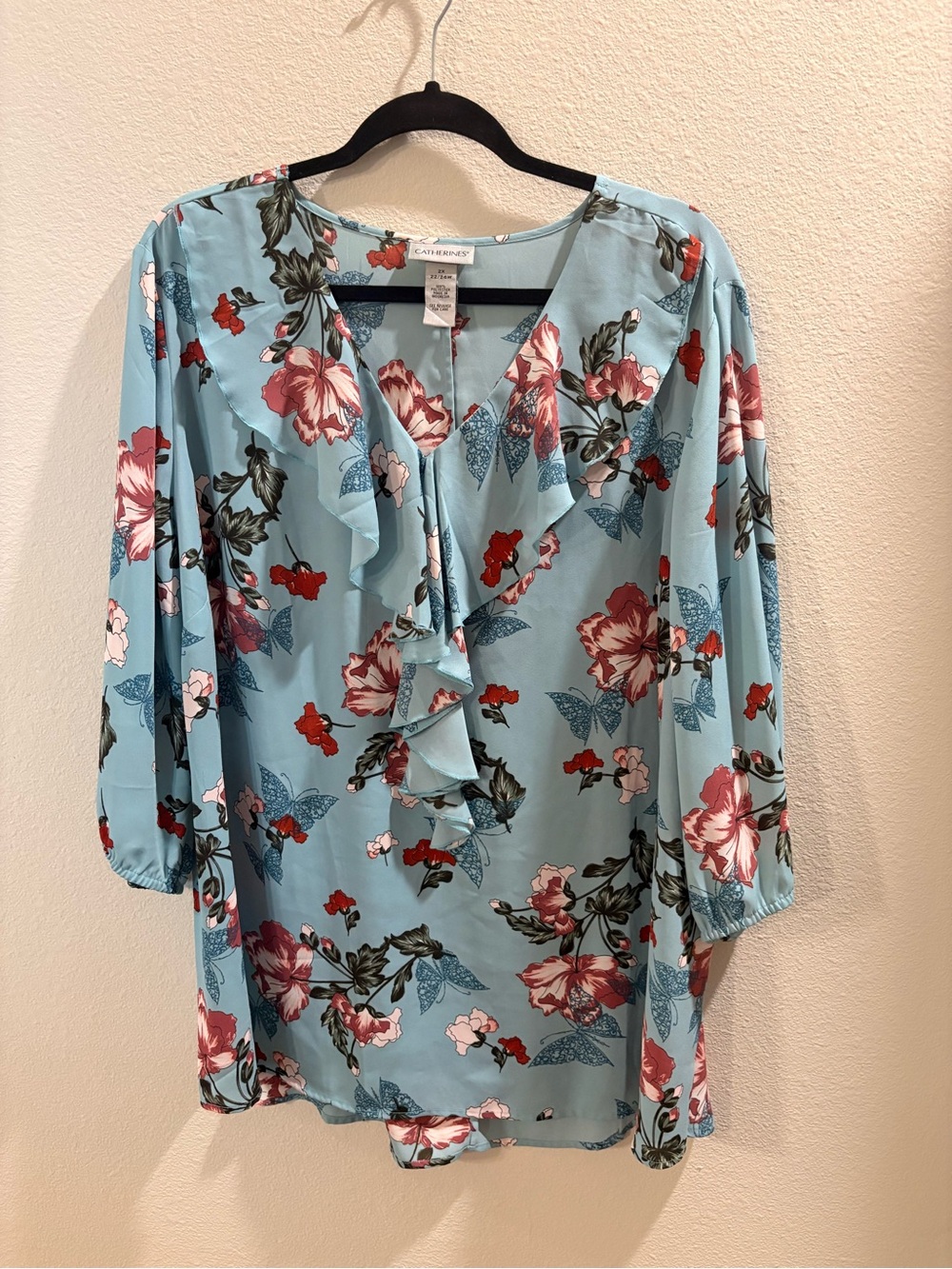 Catherines Light Blue Floral Ruffle V-Neck Blouse